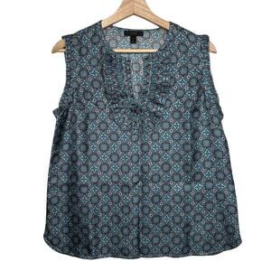 J. Crew Silk Margo Medallion Ruffle V-Neck Tank Top Blouse Teal Brown 8 Workwear